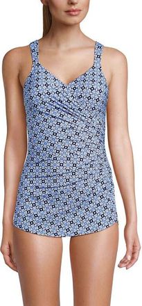 Lands End SlenderSuit V-Neck Skirted Low Leg One Piece in Lake Blue Geo Floral at Nordstrom, Size 8 Tall