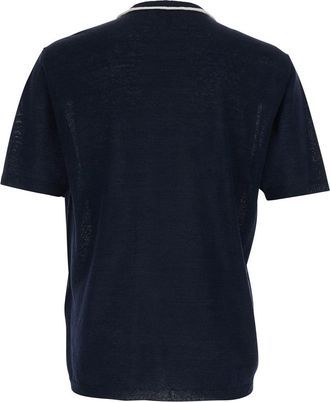 Giorgio Armani Mens T-Shirt Crew Neck Blue Linen-Silk Top