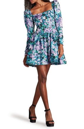 Tadashi Shoji Flora Jacquard Long Sleeve Fit & Flare Minidress in Lilac/Floral at Nordstrom, Size 16