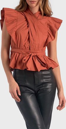 Elan Wrap Top With Flutter Pleated Sleeve In Rust