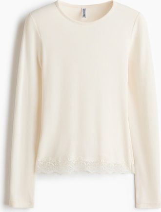 H&M Jerseyshirt mit Spitzenbesatz - White