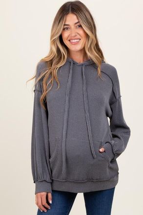 Pinkblush Ribbed Front Pocket Drawstring Hoodie in Charcoal Grey at Nordstrom, Size X-Large