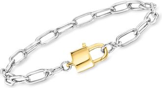 Ross-Simons Italian Sterling Silver and 18kt Gold Over Sterling Paper Clip Link Padlock Bracelet