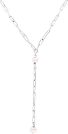 Tresorra Sterling Silver Pearl Paperclip Lariat Necklace