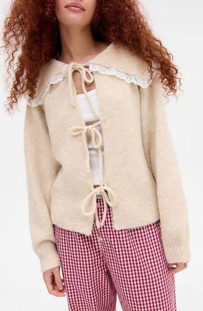 BDG Lace Trim Tie Front Cardigan in Cream at Nordstrom Rack, Size Medium