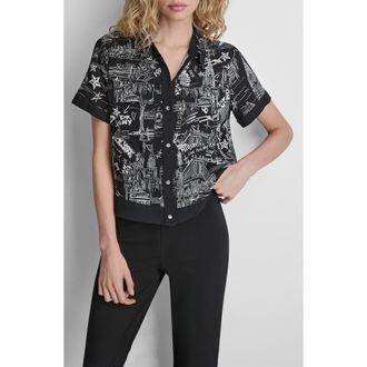 DKNY Print Short Sleeve Button-Up Shirt in New York Toile Black at Nordstrom, Size Xx-Small
