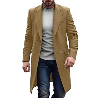 Generic Trench Coat Men Artificial Woolen Double Breasted Trench Coat Thick Business Jackets Winter Long Jacket Windbreaker Outerwear Slim Fit Thickened Peaco