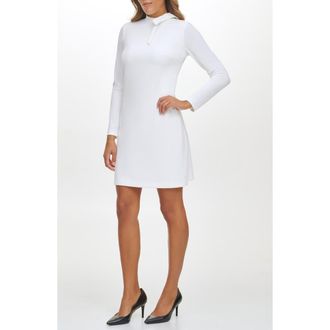 Calvin Klein Tie Neck Long Sleeve Shift Dress in Cream at Nordstrom Rack, Size 14