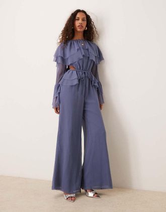 Asos exaggerated ruffle sleeve jumpsuit with cut out waist in blue