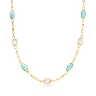Ross-Simons Mother-Of-Pearl and Larimar Station Necklace in 18kt Gold Over Sterling