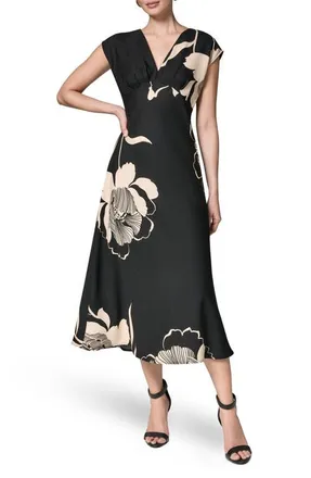 DKNY Floral Print Midi Dress in Black/oat at Nordstrom, Size 8