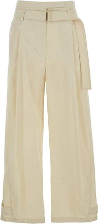 Low Classic Beige Pants With Double Belt And Pleated Details In Cotton Blend Woman