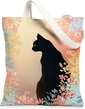 Generic Floral Cat Canvas Tote Bags, Elegant Botanical Print Reusable Grocery Bags, Spring Lightweight Washable Shoulder Strap Canv, Black, 13x15 Inch