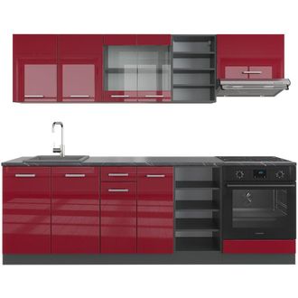 Vicco Mueble de cocina R-Line, Burdeos brillo intenso/antracita, 240 cm sin encimera