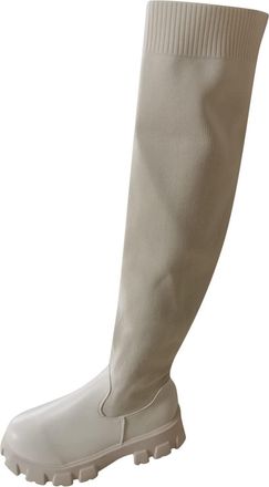 Generic Leather Knee High Boots Women, Over the Knee Boots Women Stretchy Boot Heels Wide Calf Flexible Shoes Winter Leather Shoe Suede Sexy Comfortable Beige