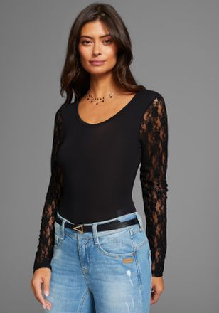 Laura Scott Langarmbody LAURA SCOTT, Damen, Gr. 34, N-Gr, schwarz, Jersey, Obermaterial: 95% Viskose, 5% Elasthan. Spitze: 95% Polyester, 5% Elasthan, gebl&uuml;mt, un