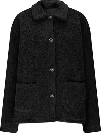 Generic Ladies Fleece Jackets Fluffy Lapel Collar Cardigans Womens Elegant Button Down Loose Warm Teddy Coat with Pockets Winter Thick Thermal Outdoor Casual 