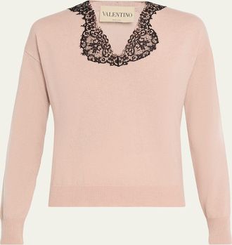 Valentino Garavani Lace-Trim V-Neck Cashmere Sweater