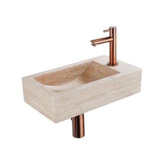 Saniclass Fuente Fonteinset - 40x22x10cm - kraangat rechts - fonteinkraan geborsteld koper PVD - afvoerplug - verlaagd sifon - gemeleerd natuursteen