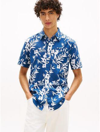 Tommy Hilfiger Mens Tropical Print Linen-Blend Shirt - Blue - XXL