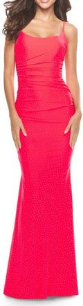 La Femme Jeweled Modified Scoop Neck Jersey Dress with Open Back in Bright Colors in Neon Coral at Nordstrom, Size 10