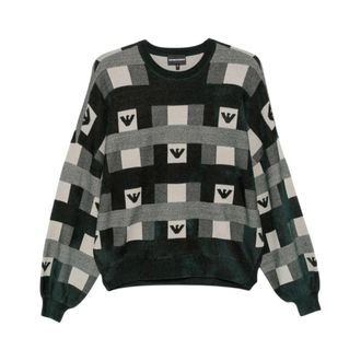 Emporio Armani Jersey de cuello redondo con gr&aacute;fico de incrustaciones a cuadros y logo - Knitwear - Mujer - Gris - XL