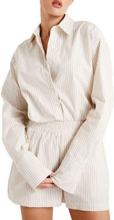 Good American Stripe Stretch Cotton Poplin Button-Up Shirt in Putty Pencil Stripe003 at Nordstrom Rack, Size X-Large