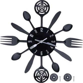 OEM Reloj De Pared Negro Para Cocina, Cubiertos Modernos Extra&iacute;bles (cuchara Y Tenedor), Decoraci&oacute;n Para El Hogar