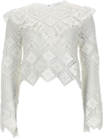 Self Portrait Cropped Keyhole Button Crochet Top