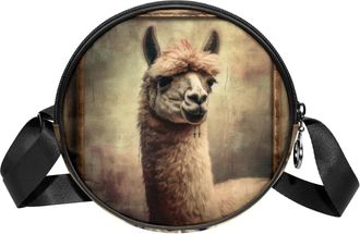 Generic Circle Crossbody Bag for Women, Vintage Alpaca Pattern Small Sling Bag Daypack with Zipper Adjustable Shoulder Straps Casual Ladies Girls Round Purse