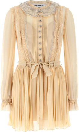 Self Portrait Mini Georgette Dress with Pleating and Embroidery