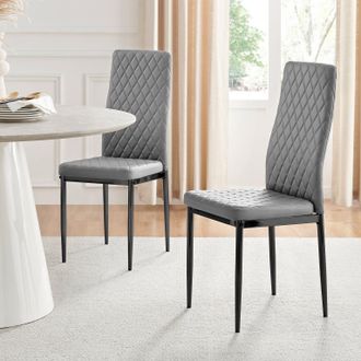 Furniturebox Set of 4 Milan High Back Soft Touch Diamond Pattern Faux Leather Dining Chairs With Black Powder Coated Metal Legs in Grey