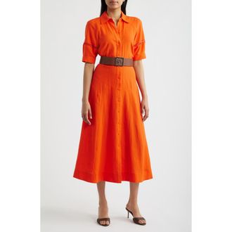 Anne Klein Belted Linen Blend Shirtdress in Carrot at Nordstrom, Size 14