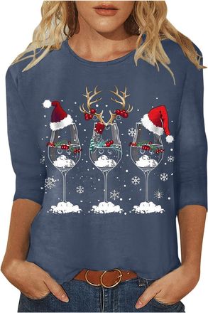 Generic Women Christmas T Shirts 3/4 Length Sleeve Round Neck Tops Round Neck Comfortable Tops Christmas Printed Shirt T Shirt Pullover Blouses Xmas Shirts Dr
