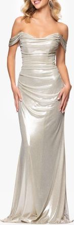 Betsy & Adam Glitter Knit Off the Shoulder Gown in Champagne at Nordstrom, Size 14
