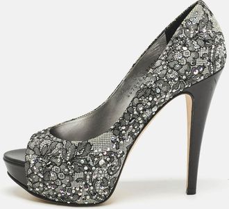 Gina Grey/black Lace Crystal Embellished Open Toe Platform Pumps