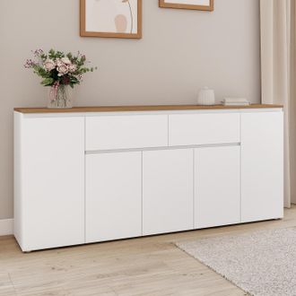 IDMarket Aparador Toby 180 Cm 5 Puertas Con 2 Cajones Blancos Y Encimera De Madera
