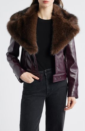 Mango Cleo Faux Fur Collar Faux Leather Crop Jacket in Maroon at Nordstrom Rack, Size Medium