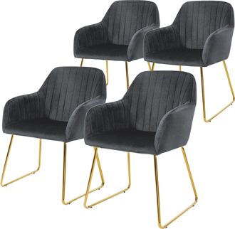 ML Design Ml-design - Juego De 4x Sillas De Comedor Color Gris Asiento Ergon&oacute;mico Acolchado Tapizado De Terciopelo, Patas De Metal Dorado Sill&oacute;n De Dise&ntilde;o Moder