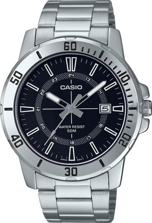 Casio Mens Silver Analog Watch with Black Dial and Date Display - MTP-VD01D-1CV