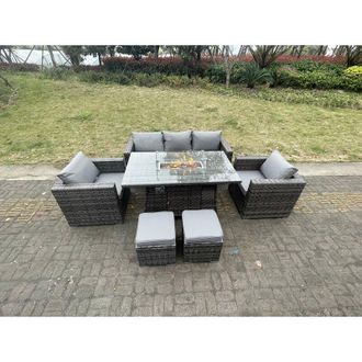 Fimous Fimous Outdoor PE Rattan Garden Furniture Gas Fire Pit Dining Table Lounge Sofa 2 PC Armchairs 2 PC Footstools Dark Grey Mixed Patio