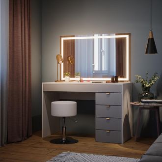Vicco Tocador Elise, Blanco/gris/gris, 115 Cm Con Espejo Led Y Taburete