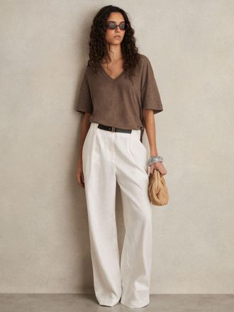 Reiss Brown Linen V-neck T-shirt, XS