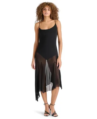 Steve Madden Louisa Midi Dress Womens Black Mesh Asymmetric Hem PALL366