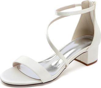 Generic Low Heels Satin Bridal Shoes Womens Block Heels Wedding Shoes Open Toe Ankle Strap Heels Sandals 4.5Cm,Ivory,10 UK