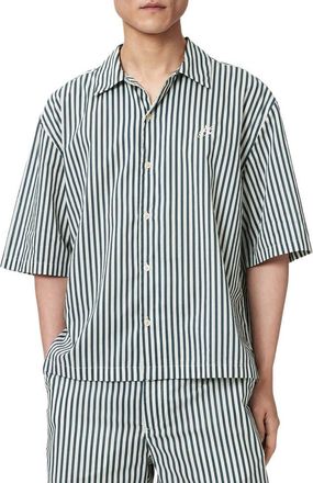 AllSaints Chopin Oversize Stripe Short Sleeve Cotton Button-Up Shirt in Blue/White at Nordstrom, Size Xx-Large