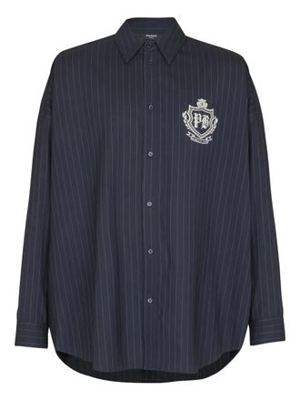 Balmain pinstripe emblem shirt - men - Wool/Elastane - 39 - Blue