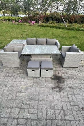 Fimous Rattan Garden Funiture Set Adjustable Rising Lifting Table Sofa Dining Set With 2 Arm Chair in Light Grey