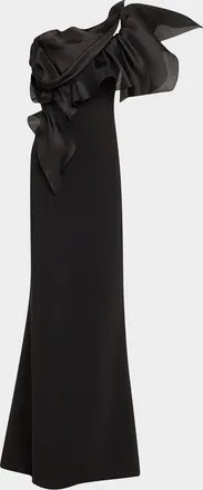 Marchesa One-Shoulder Ruffle Stretch Crepe Gown