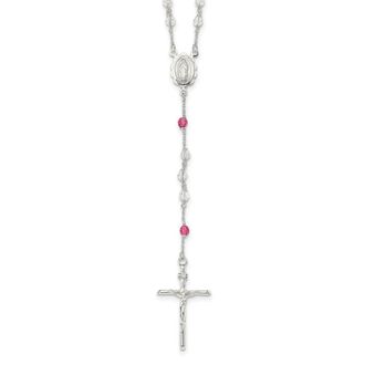 Diamond2Deal Sterling Silver Polished Crystal Rose Quartz Rosary Necklace 21.5